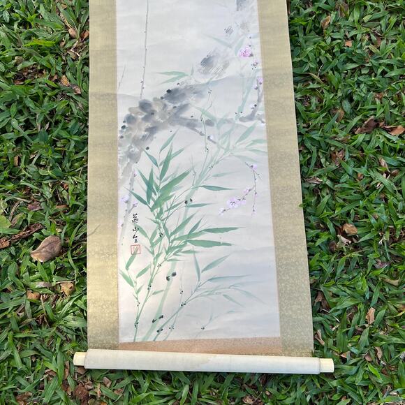 Antique Hanging Scroll Cherry Blossoms Flower Bamboo Leaves Painting Japan - Picture 6 of 11